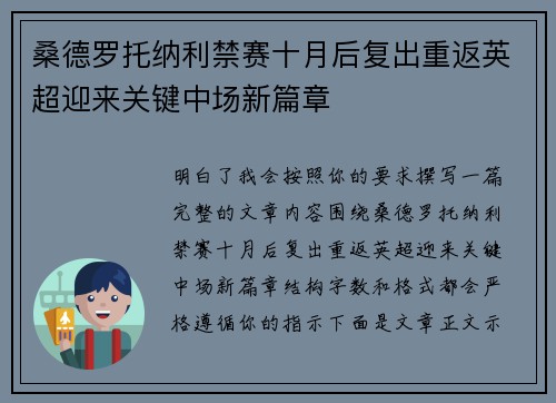 桑德罗托纳利禁赛十月后复出重返英超迎来关键中场新篇章